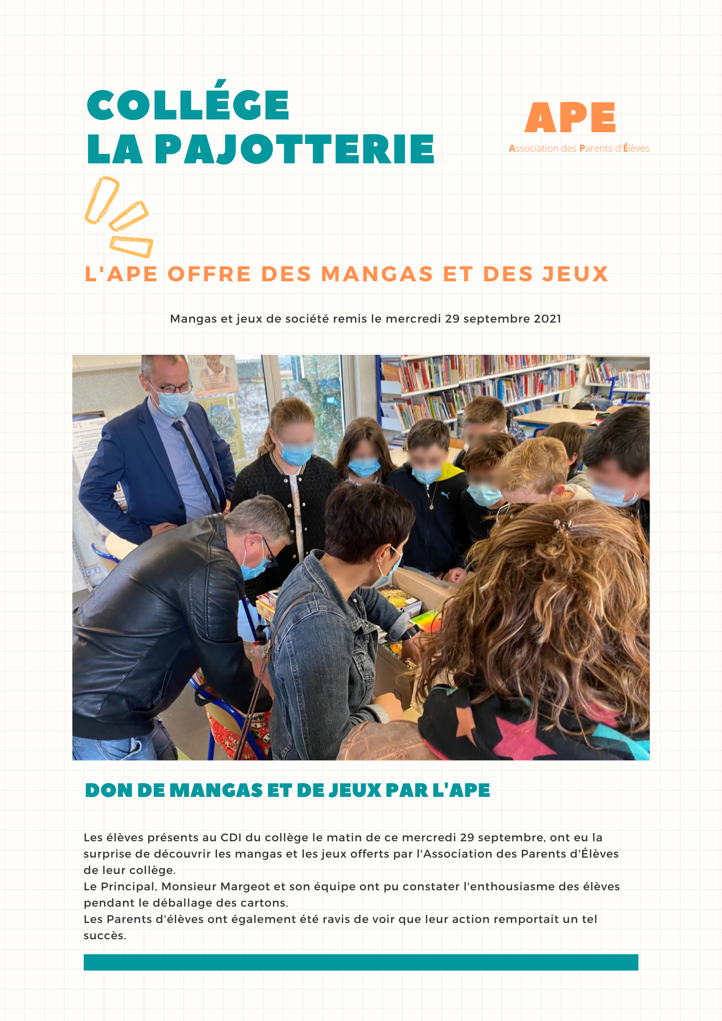 Don de livres et de jeux au collège par l'APE